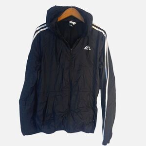 Adidas Black White Stripes Hooded Full Zip Lightweight Track Jacket Size Small